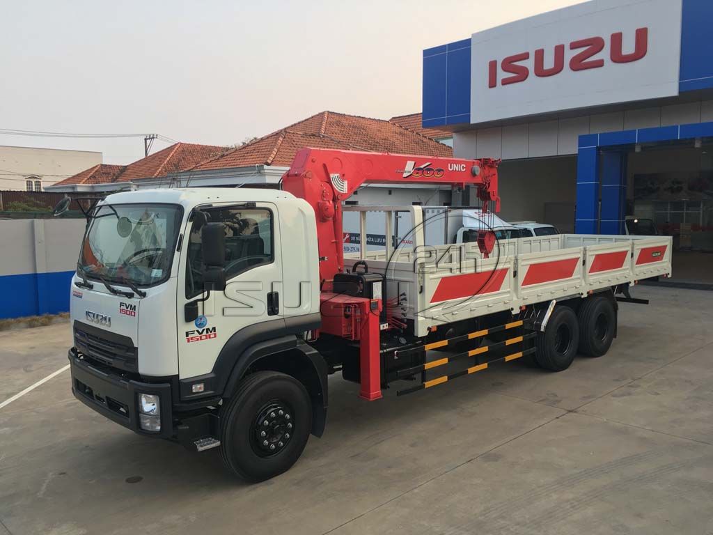 Tổng quát xe tải Isuzu 15 tấn FVM 1500 thùng lửng gắn cẩu Unic 800 8 tấn 4 khúc